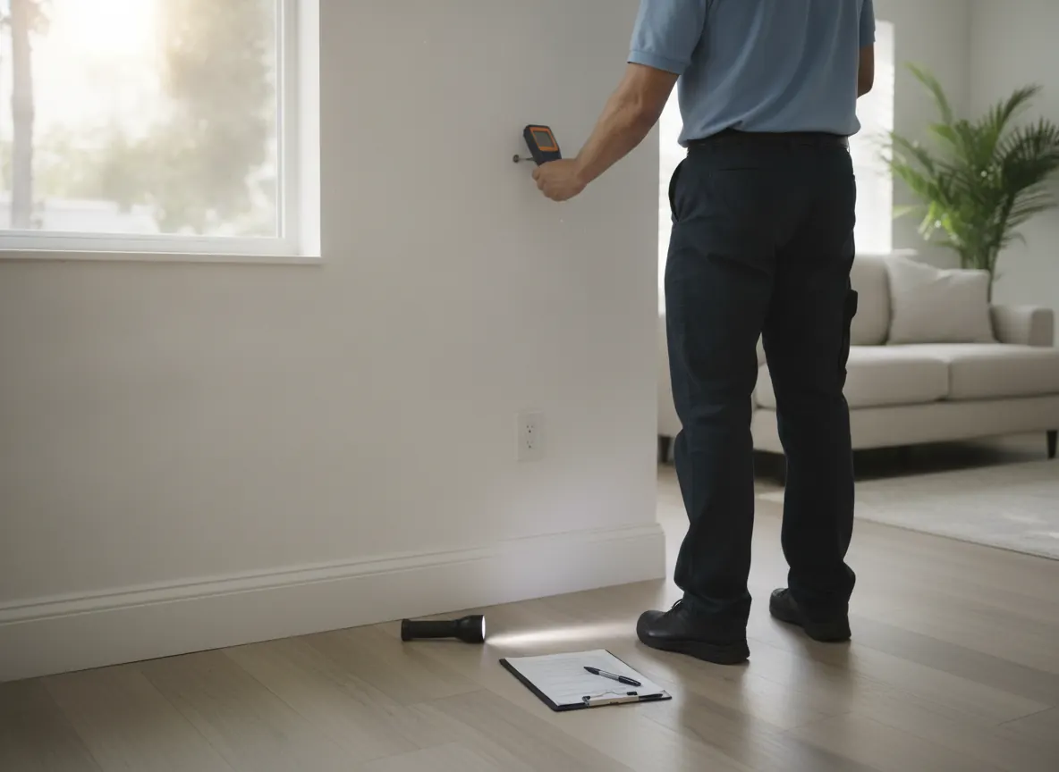 Moisture meter being used on drywall during a mold inspection in a Florida home