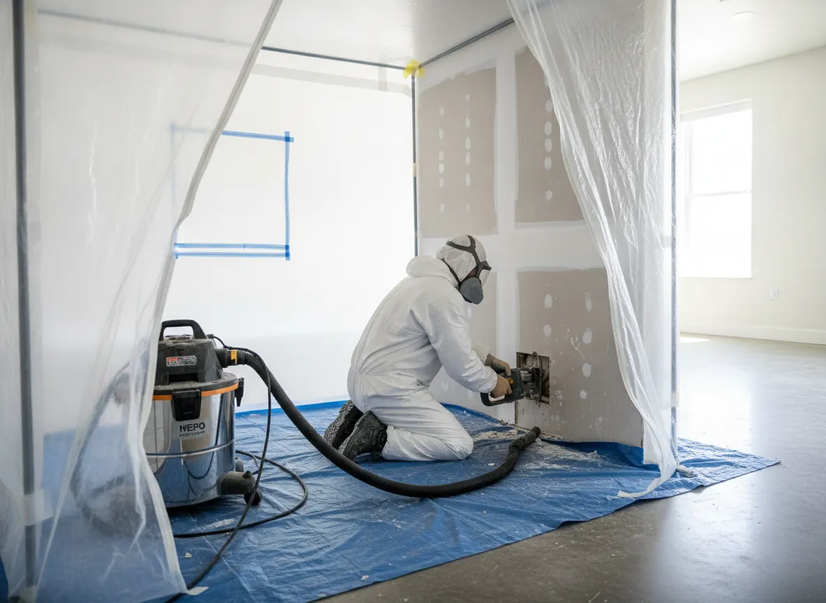 Worker in coveralls removing wet drywall inside plastic containment during mold removal